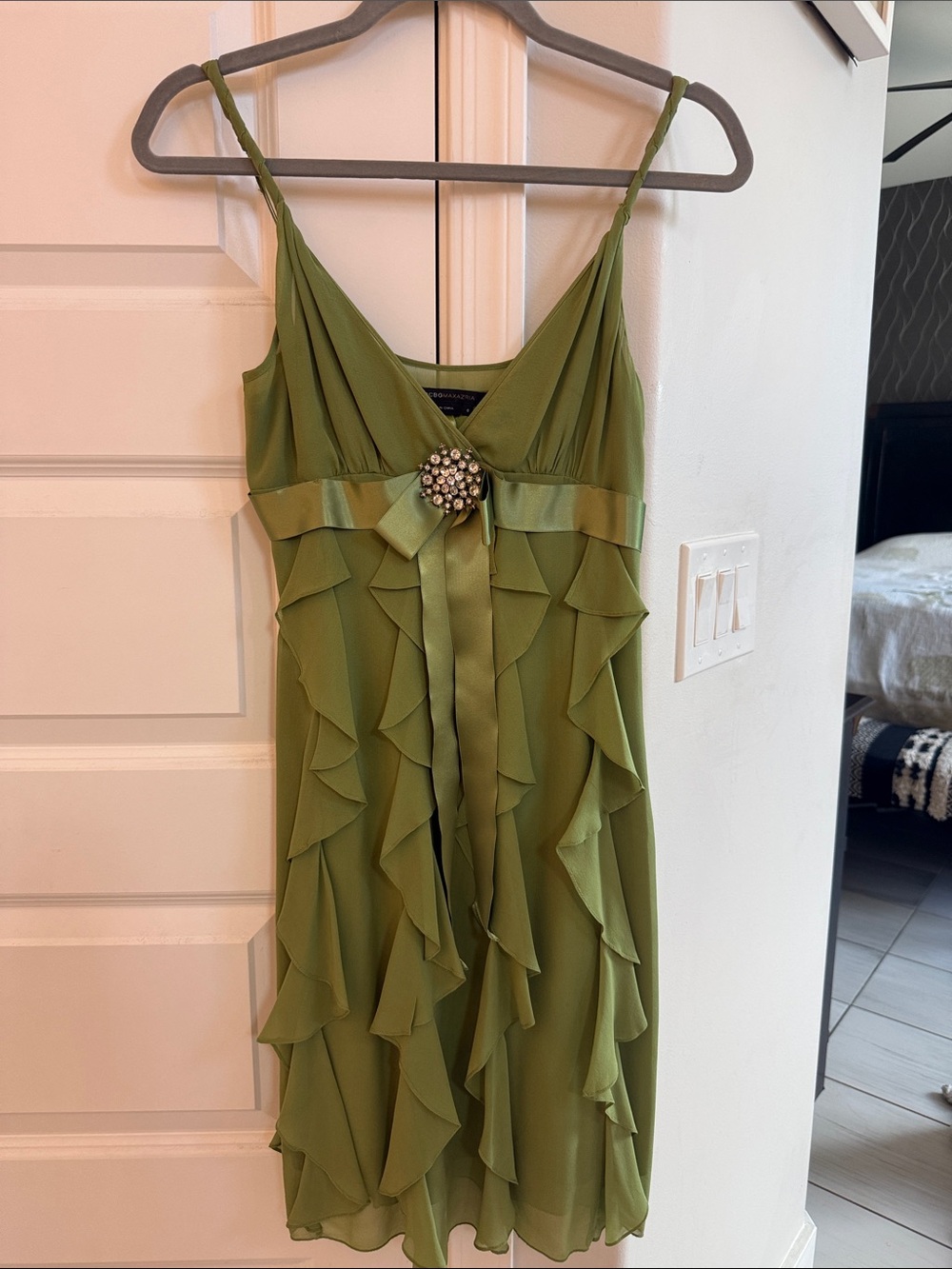 BCBGMaxAzria Olive Green Ruffle Midi Dress with Jewel Brooch